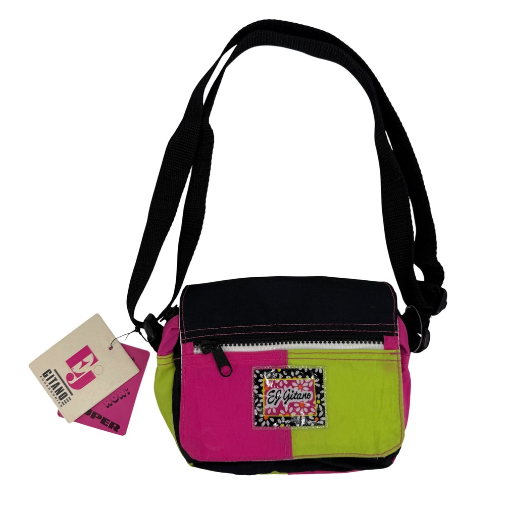 Vintage 1991 Gitano Neon Colorblock Nylon Crossbody Bag Pink Green Black Small